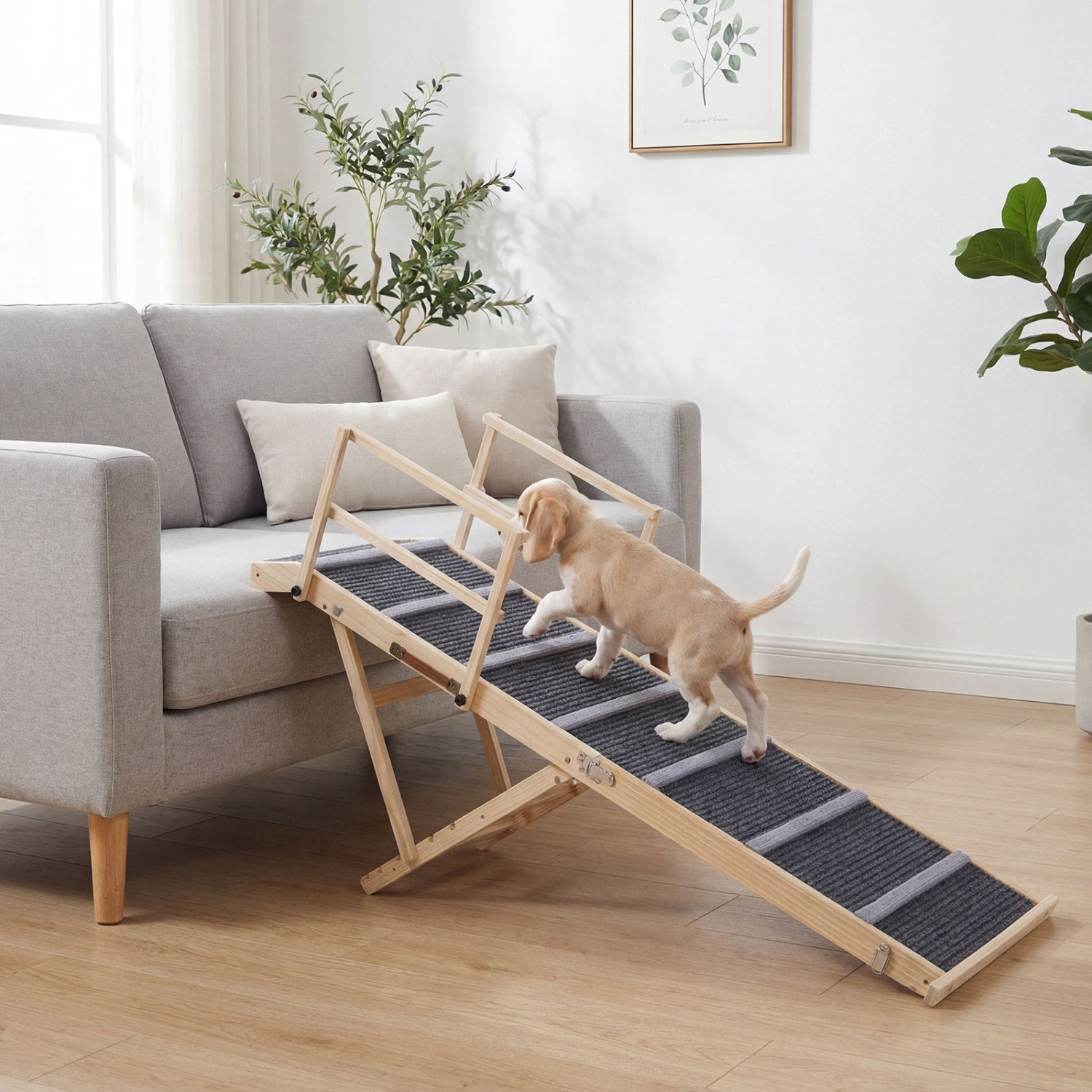 Dark gray foldable dog ramp with 6 adjustable height levels for high beds and couches, designed for easy pet access.