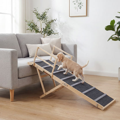 Dark gray foldable dog ramp with 6 adjustable height levels for high beds and couches, designed for easy pet access.
