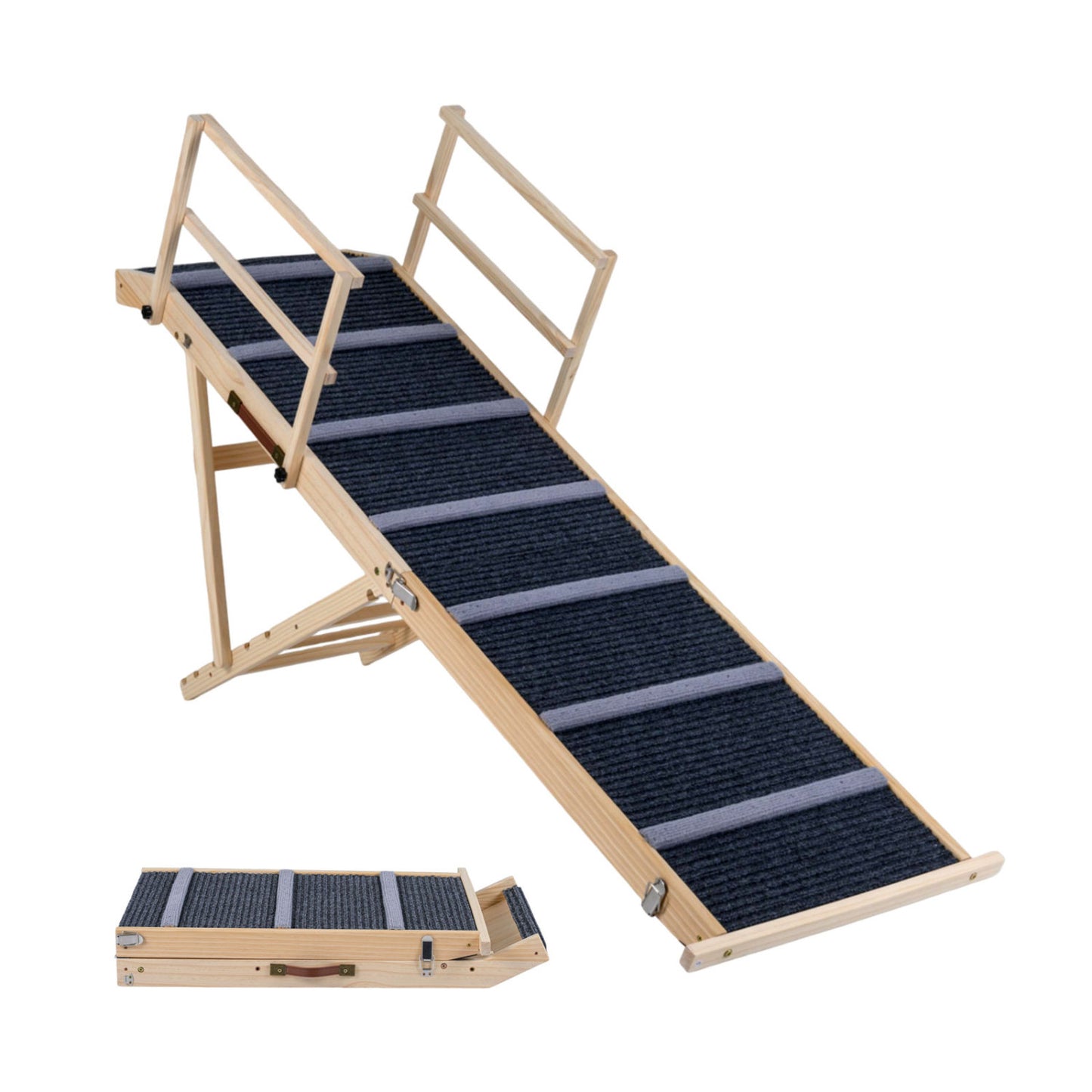 Dark gray 6-level height adjustable foldable dog ramp for high beds and couches, designed for pet ease and safety.