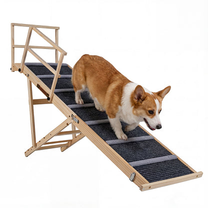 Dark gray 6-level adjustable foldable dog ramp for high beds and couches, made for pet comfort and easy access.