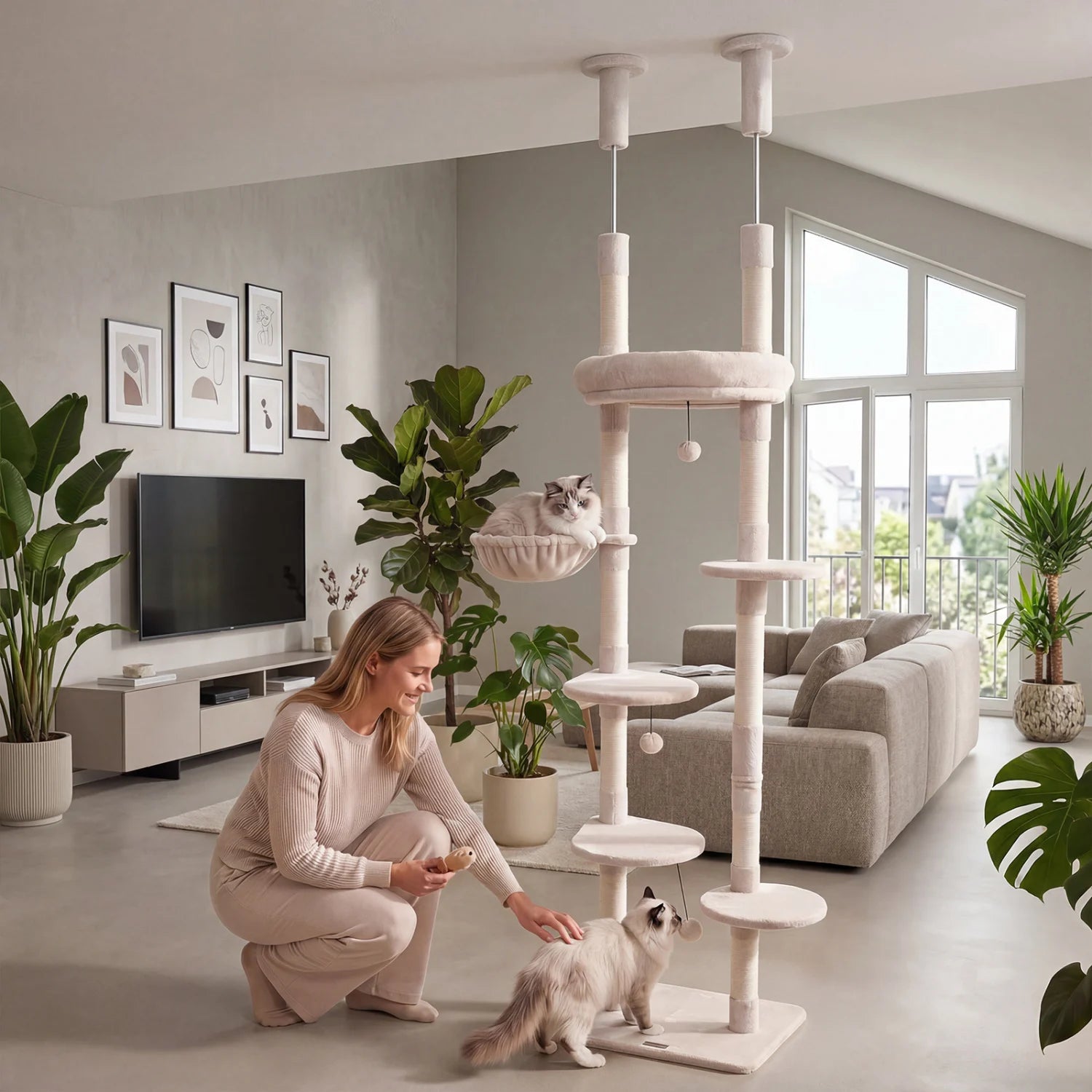 Beige 6-tier floor-to-ceiling cat tree with plush bed and sisal scratching posts, ideal for cats to climb, scratch, and rest.