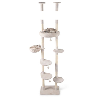 Beige 6-tier floor-to-ceiling cat tree with plush beds and sisal scratching posts for cats, providing climbing and resting spaces.