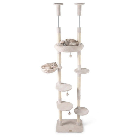 6-tier Floor to Ceiling Cat Tree with Plush Bed and Sisal Scratching Posts-Beige
