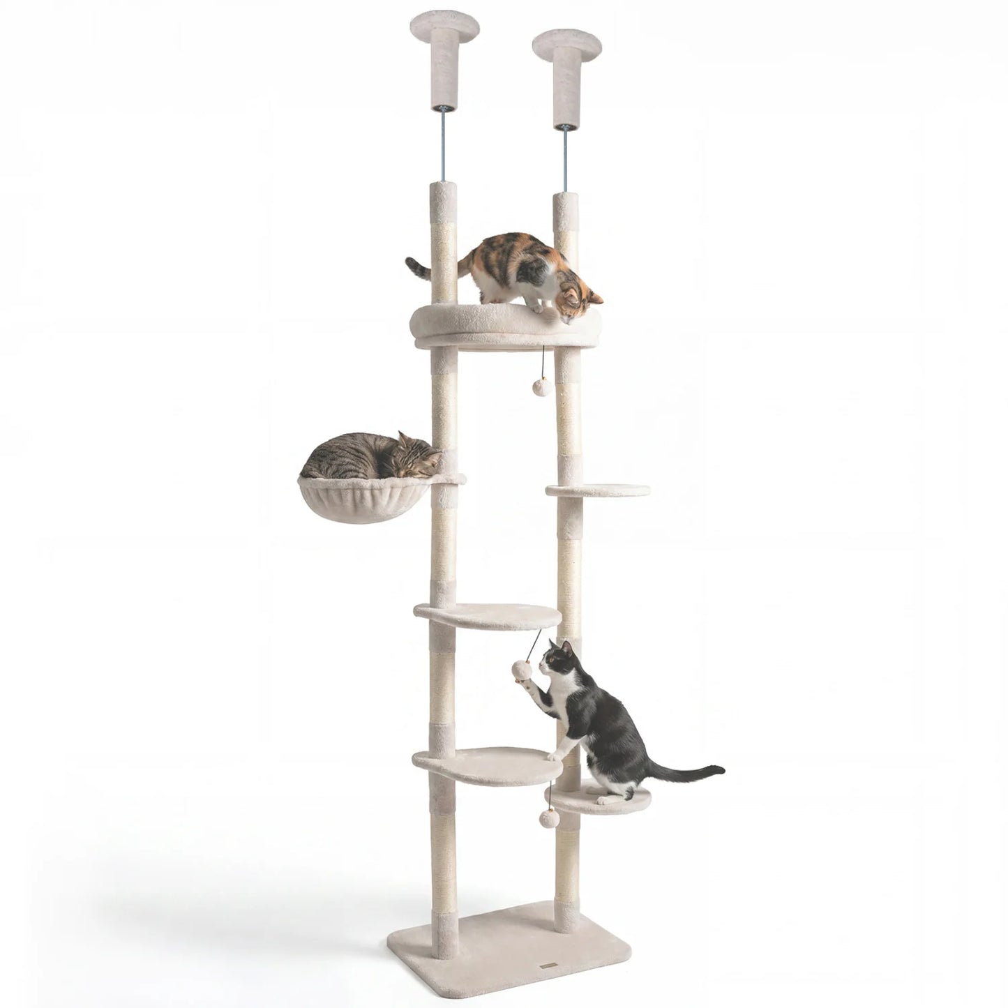 Beige 6-tier floor-to-ceiling cat tree with plush beds and sisal scratching posts for cats to climb, rest, and scratch.