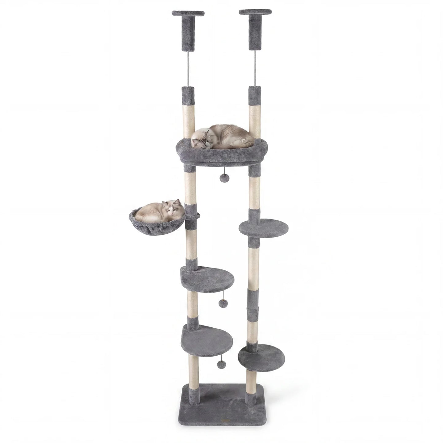 Beige 6-tier floor-to-ceiling cat tree with plush beds and sisal scratching posts, providing climbing and resting spots for cats.