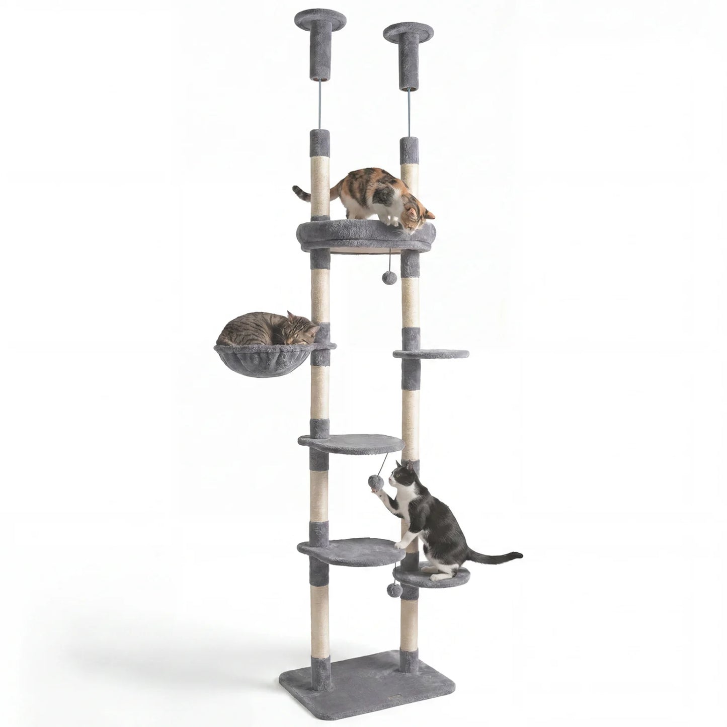 Beige 6-tier floor-to-ceiling cat tree with plush beds and sisal scratching posts for cats to climb, rest, and scratch.