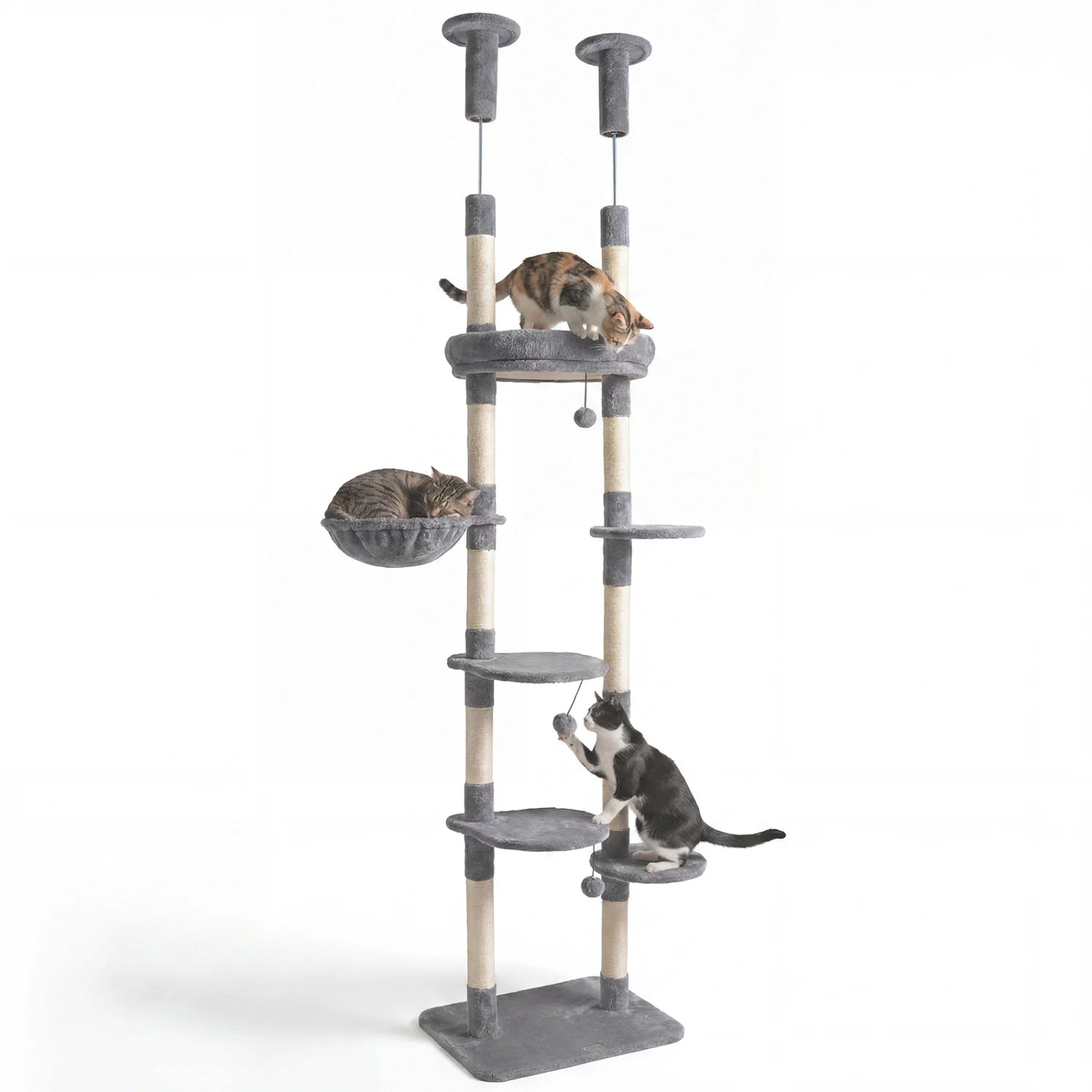 Beige 6-tier floor-to-ceiling cat tree with plush beds and sisal scratching posts for cats to climb, rest, and scratch.