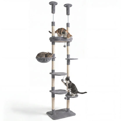 Beige 6-tier floor-to-ceiling cat tree with plush beds and sisal scratching posts for cats to climb, rest, and scratch.
