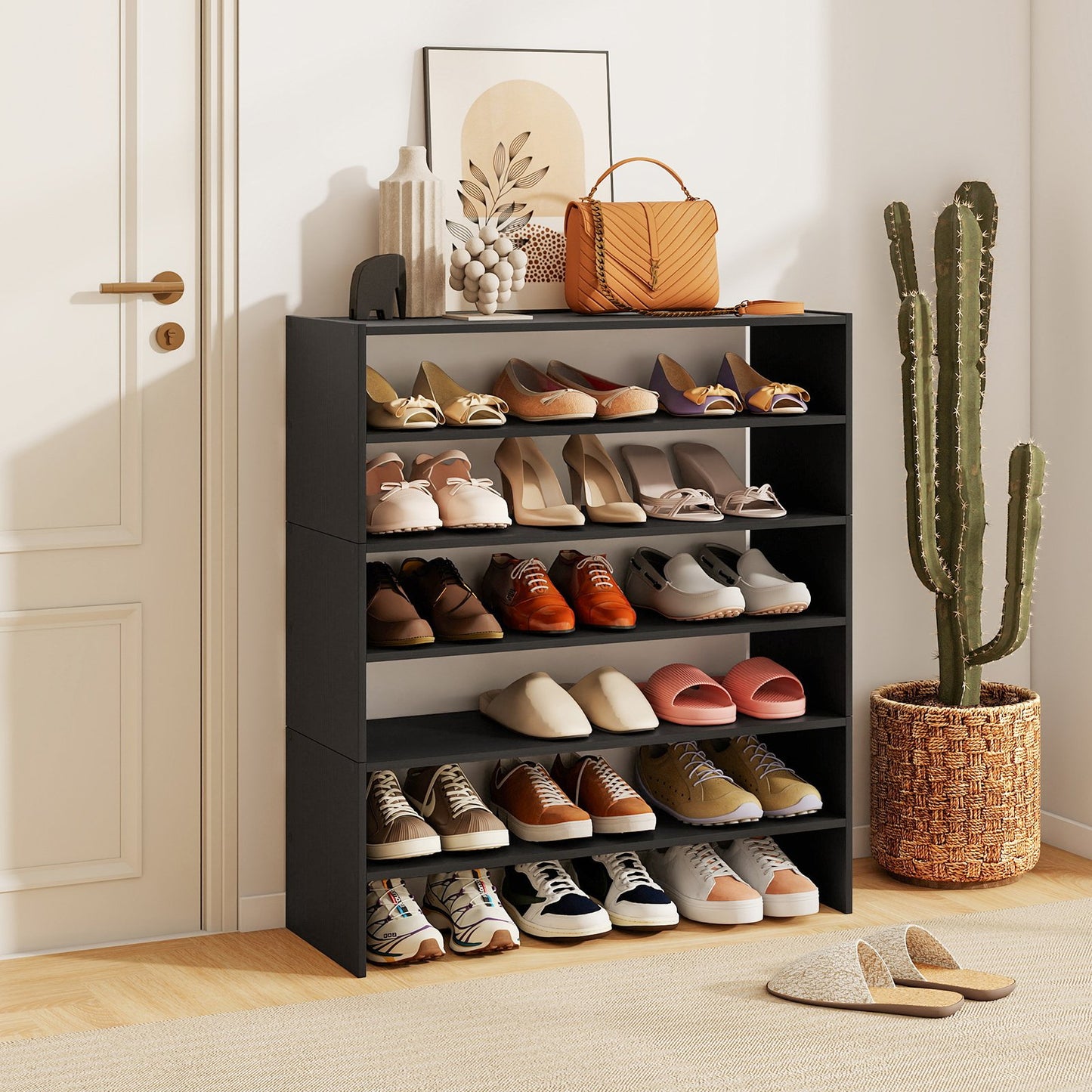 6-tier Shoe Rack with Anti-tipping Device for Entryway-Black