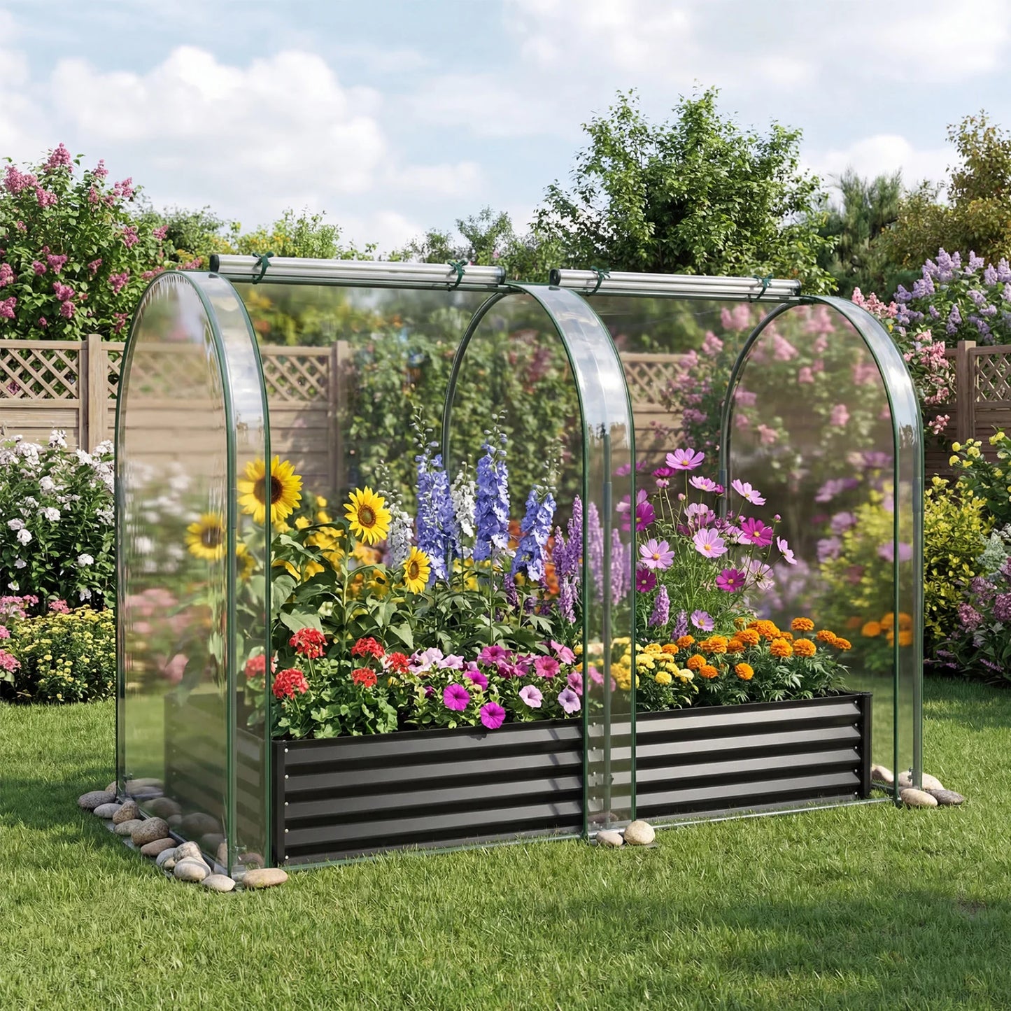 Galvanized raised garden bed with greenhouse cover, 6x3x1 ft, outdoor gardening, black metal frame with protective cover