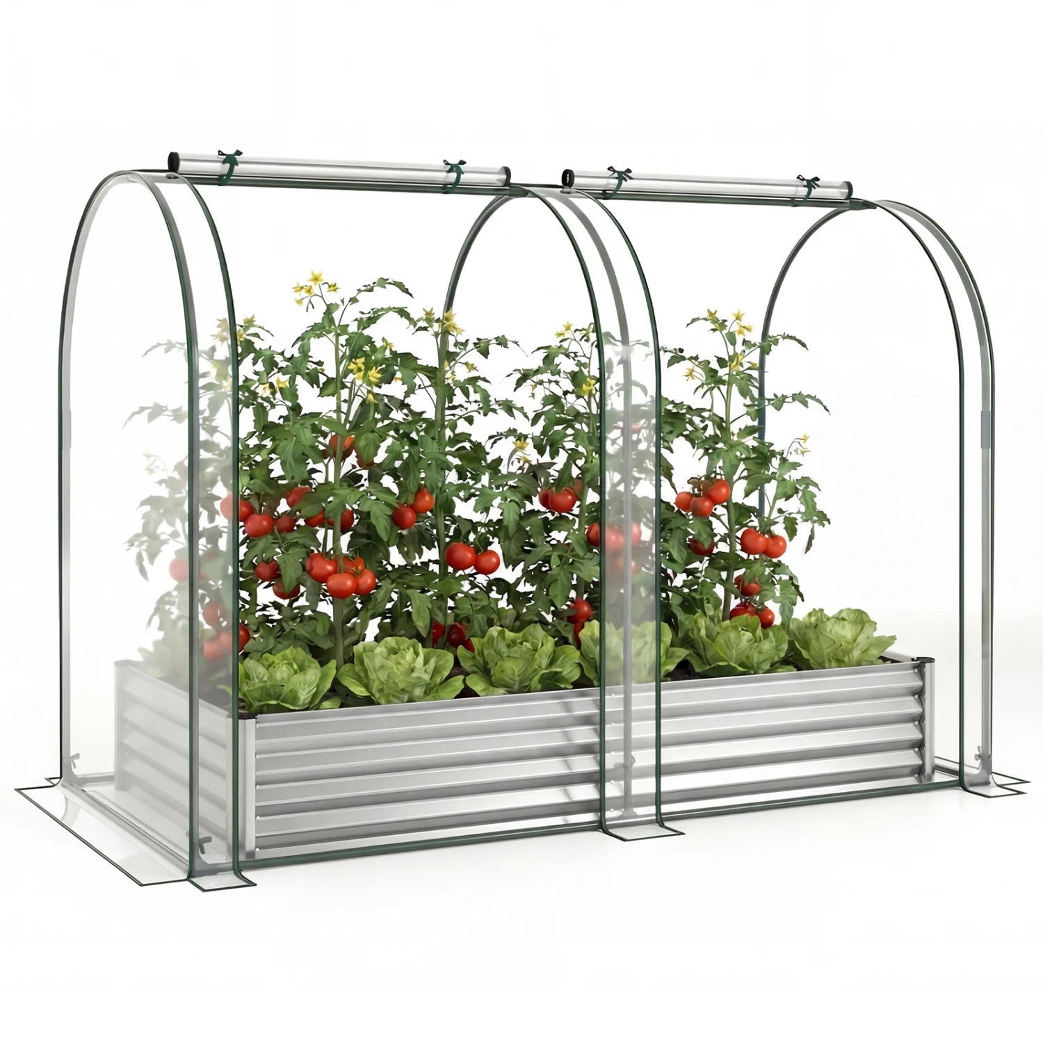 Galvanized raised garden bed with greenhouse cover, 6x3x1 ft, outdoor gardening, black color, durable metal construction.
