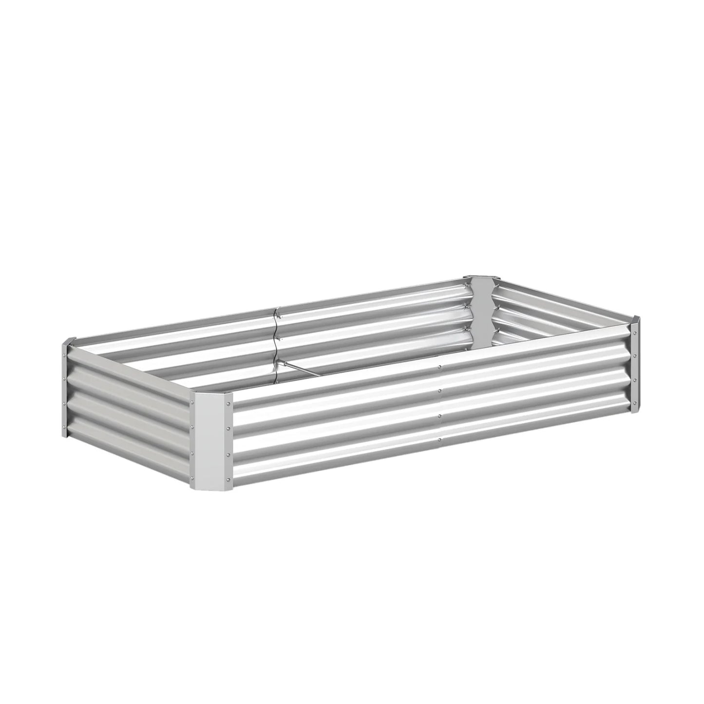 Six galvanized steel raised garden beds, 6x3x1 ft, with open-ended bases, ideal for outdoor gardening in silver finish.