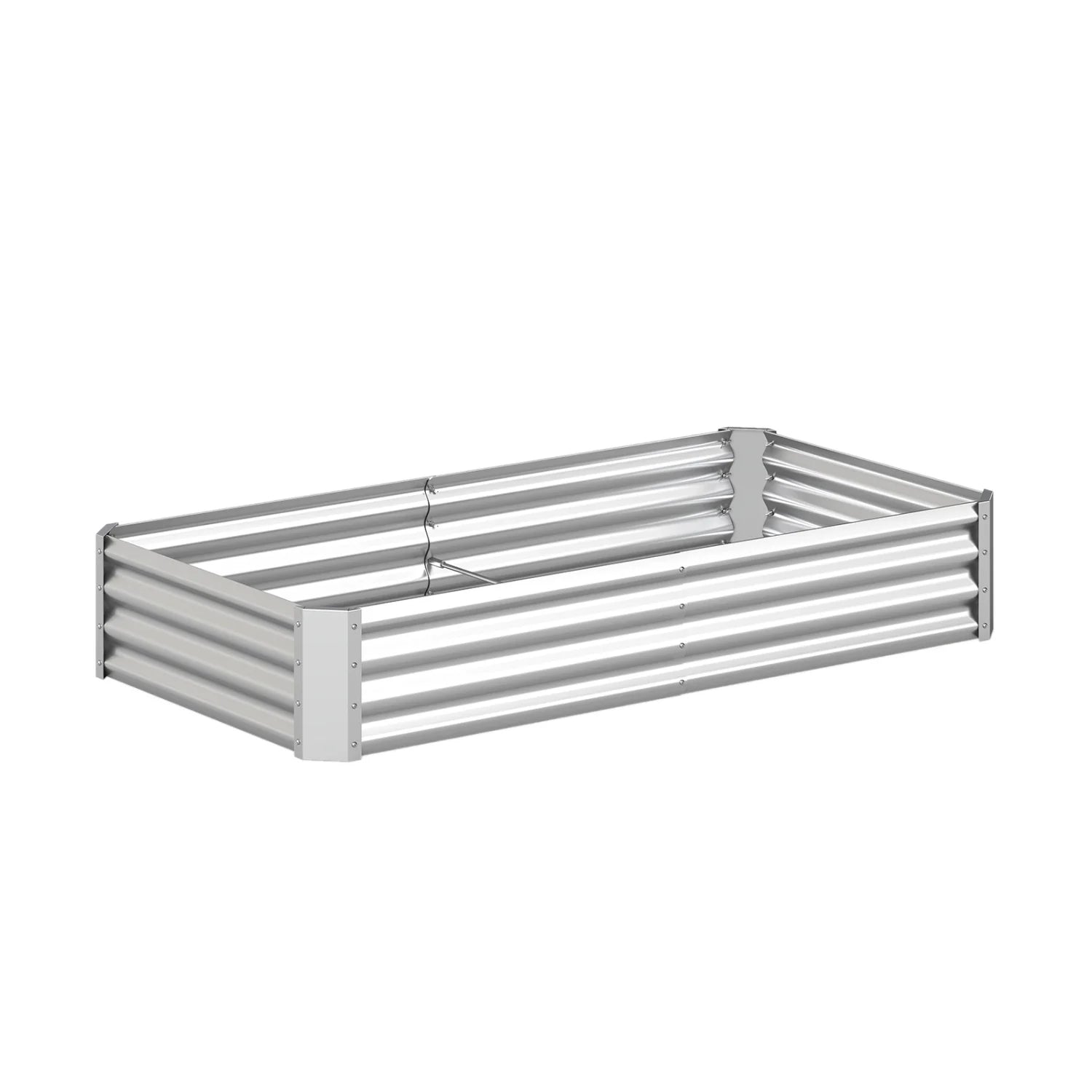 Six galvanized steel raised garden beds, 6x3x1 ft, with open-ended bases, ideal for outdoor gardening in silver finish.