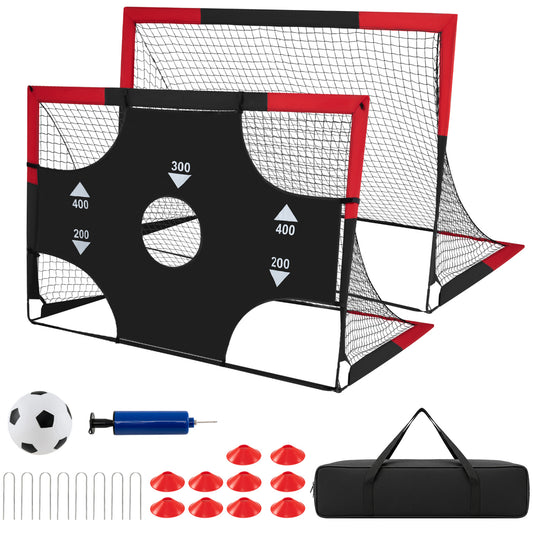 Six 4 ft portable soccer goals with Oxford target and cones, ideal for outdoor sports practice and games.