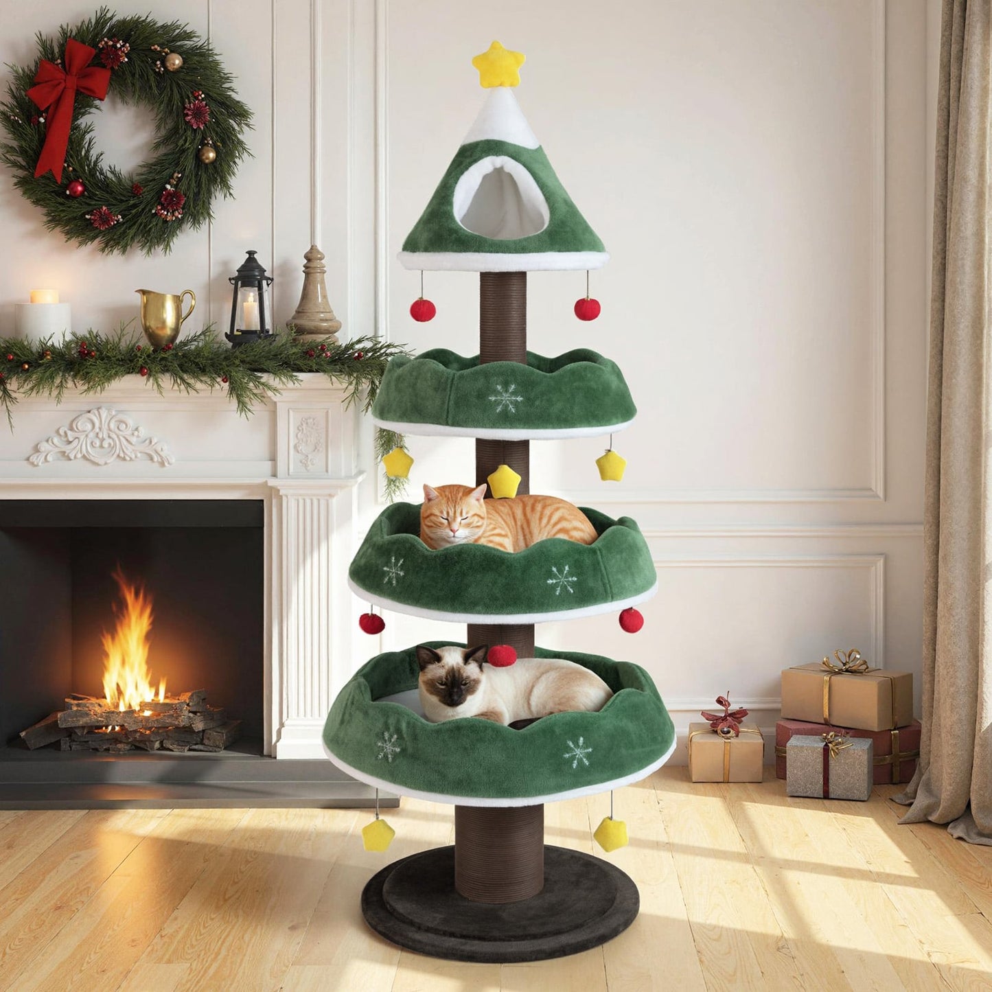 70.5 Inches Tall Christmas Cat Tree with 3 Plush Platforms-Green