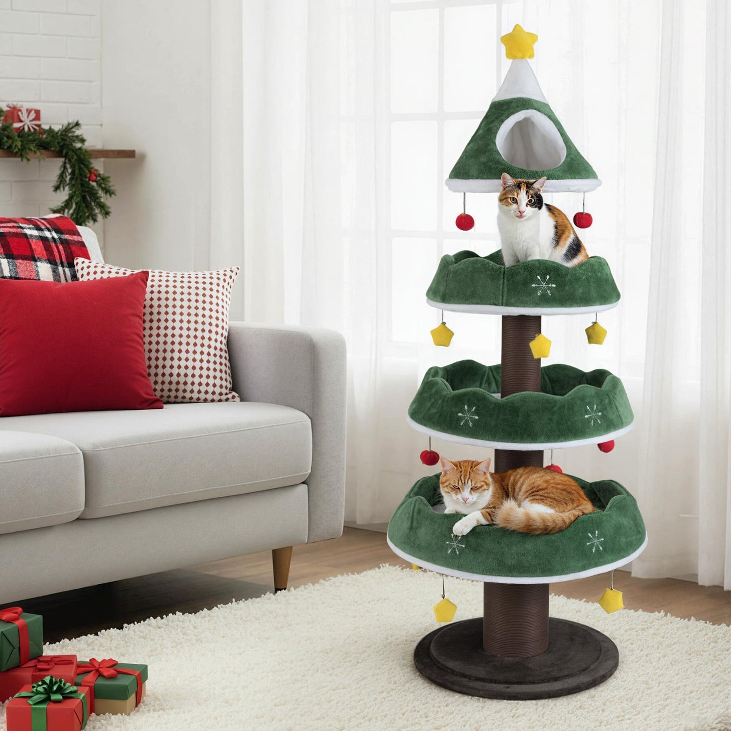 70.5 Inches Tall Christmas Cat Tree with 3 Plush Platforms-Green