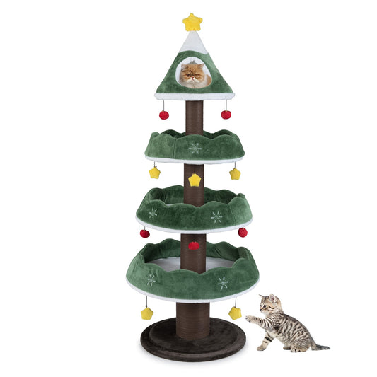 Tall green Christmas cat tree with three plush platforms, 70.5 inches high, for cats to climb and rest.