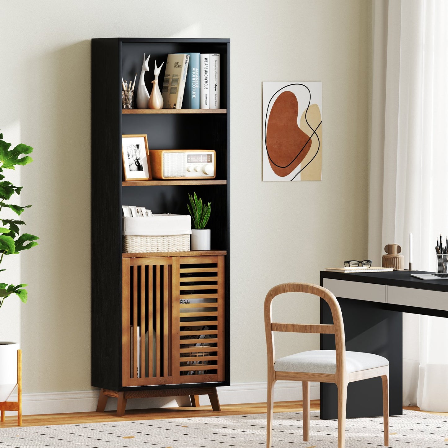 70 Inch 5-Tier Bookshelf with Reversible Adjustable Shelf-Black