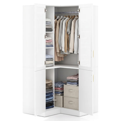 70 Inch L-Shaped Armoire Corner Wardrobe Closet with Hanging Rod-White