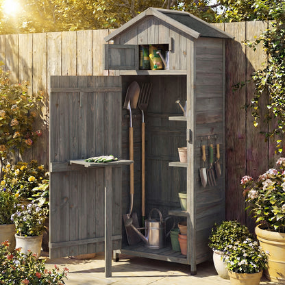 70 Inch Tall Garden Tool Storage Cabinet with Lockable Doors and Foldable Table-Grey