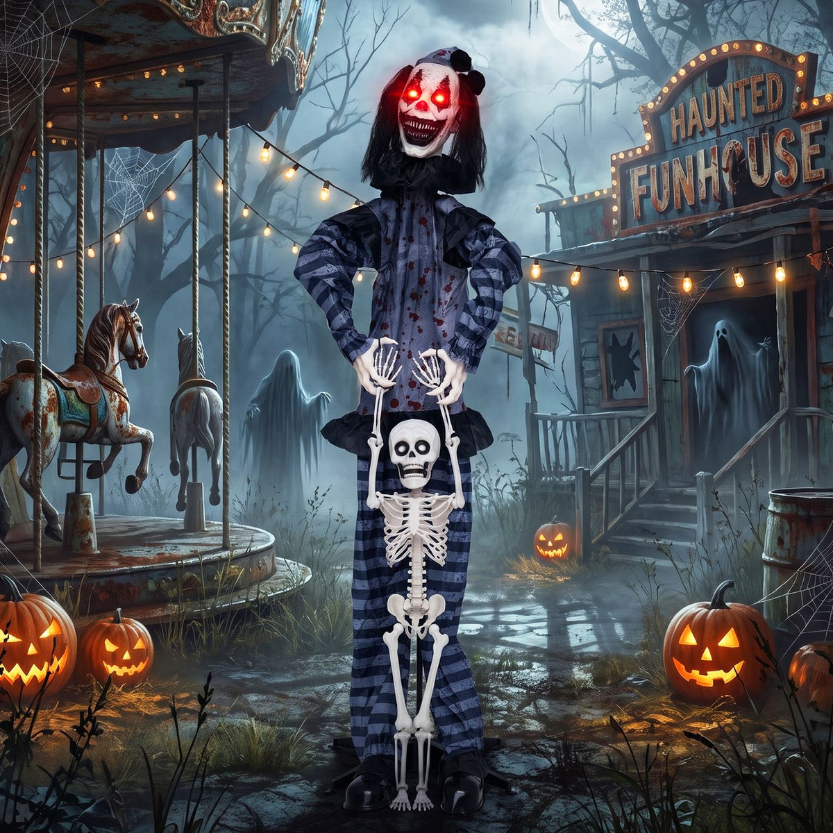 Life-size clown Halloween decoration with glowing eyes, skeleton lift, and sound effects, perfect for spooky holiday decor.