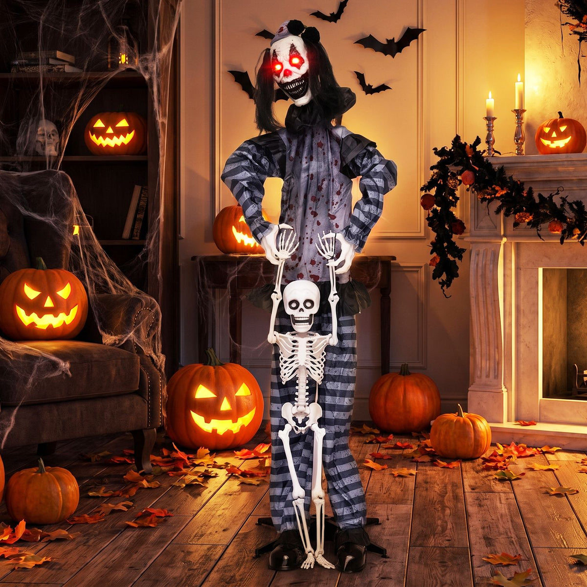 Life-size clown Halloween decoration with glowing eyes, skeleton lift, and sound effects, perfect for spooky holiday decor.