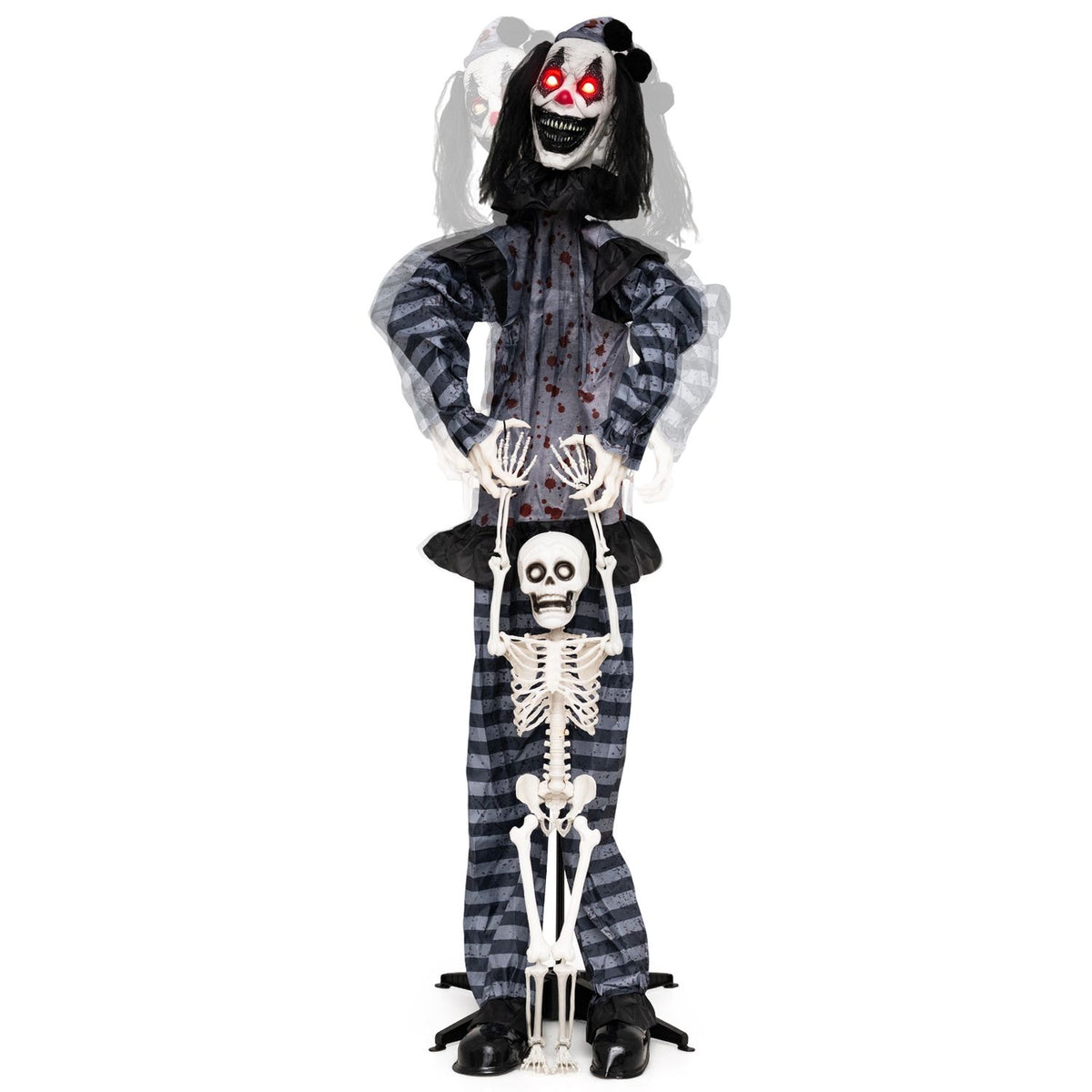 Life-size 70-inch clown Halloween decoration with glowing eyes, skeleton lift, lights, and sound for spooky holiday decor.
