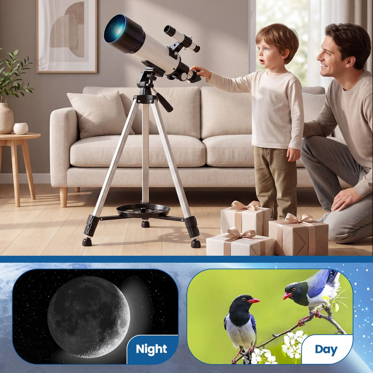 Silver 70mm aperture refractor telescope with adjustable tripod for learning and stargazing, ideal for educational Toys & Hobbies.