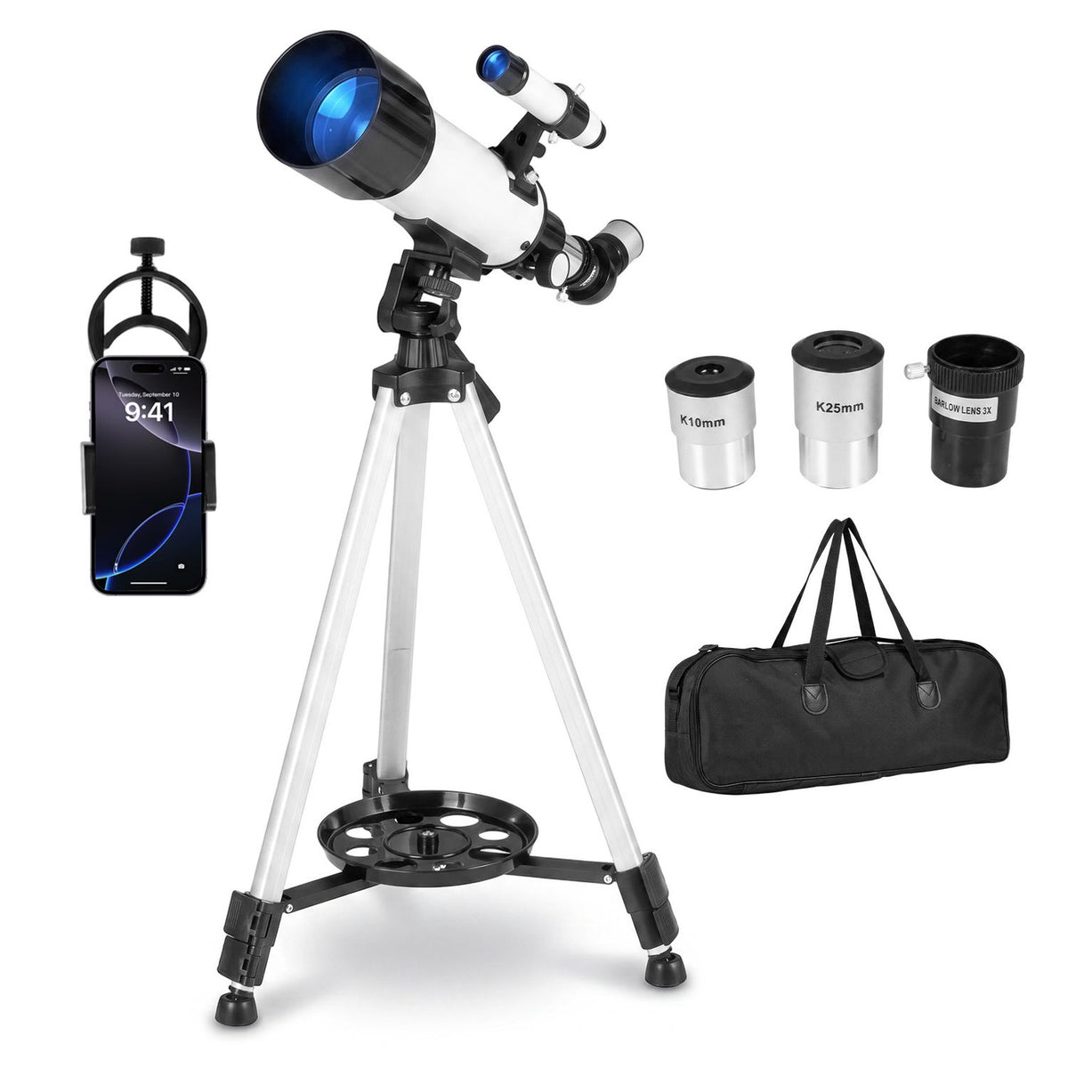 Silver 70mm aperture refractor telescope with adjustable tripod, ideal for learning and stargazing in toys and hobbies.