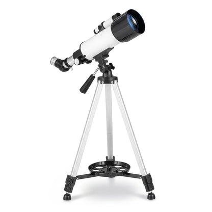 Silver 70mm aperture refractor telescope with adjustable tripod, ideal for learning and exploring the night sky.