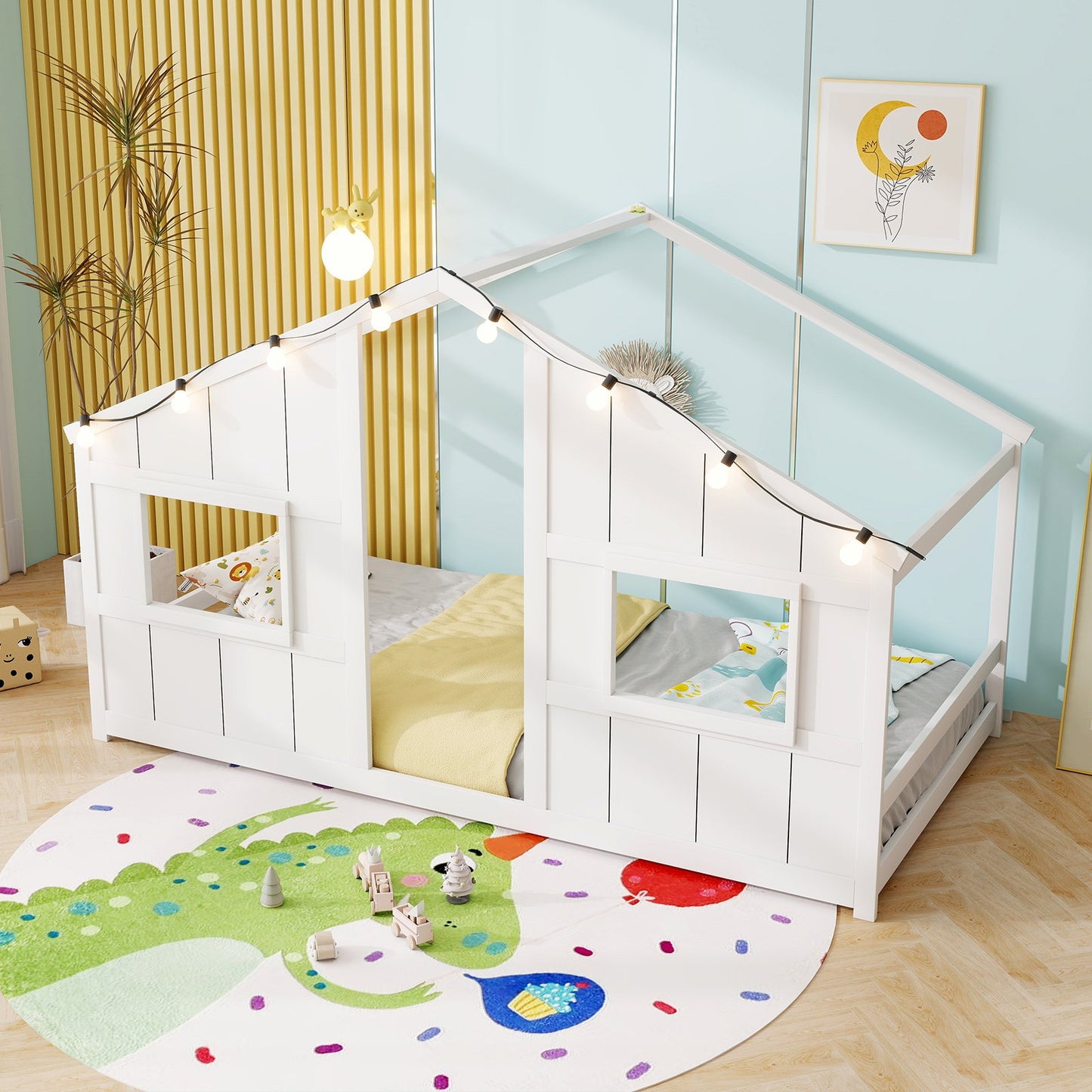 Twin Size House Bed with LED Lights Montessori Slat-free Floor Bed-Grey
