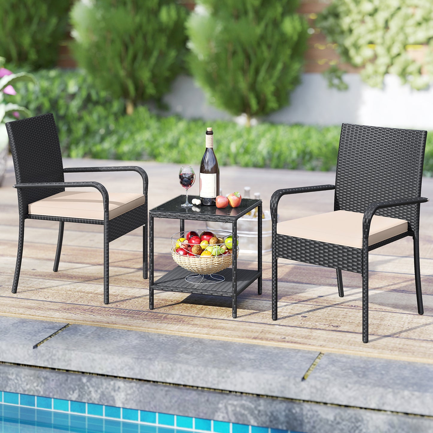 3 Piece Patio Furniture Set with Seat Cushions and Tempered Glass Tabletop-Beige