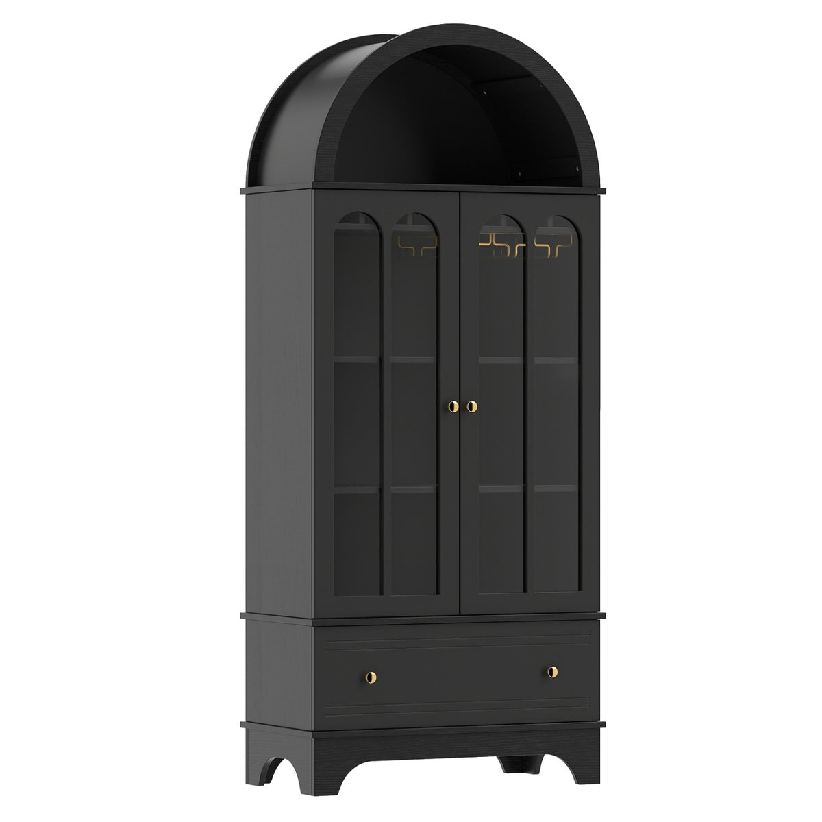 Black 71.5-inch arched cabinet with 5 tiers, tempered glass doors, and wine rack for kitchen or dining room storage.