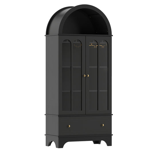 Black 71.5-inch arched cabinet with 5 tiers, tempered glass doors, and wine rack for kitchen or dining room storage.