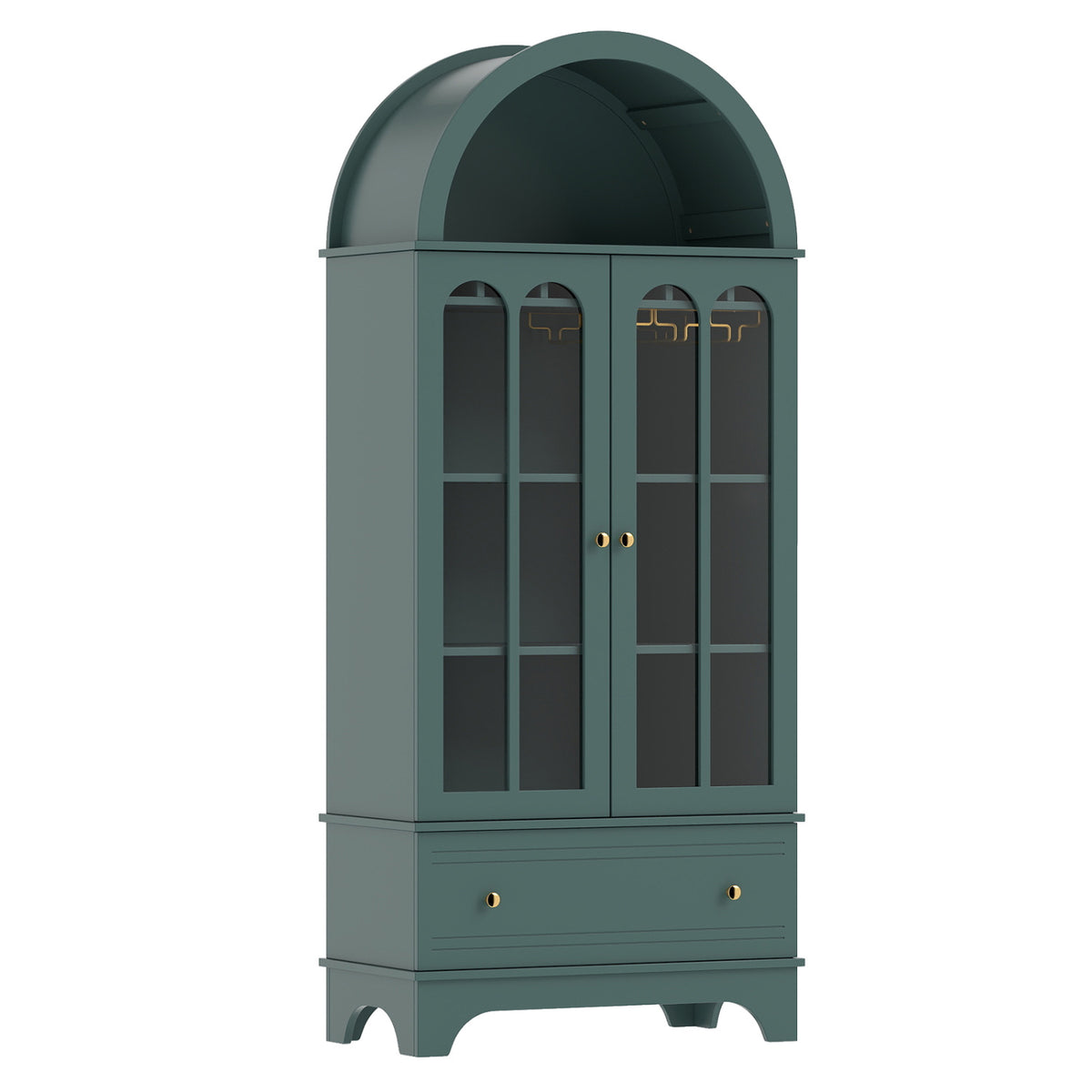 Black 71.5-inch arched cabinet with 5 tiers, tempered glass doors, and wine rack, perfect for kitchen or dining storage.