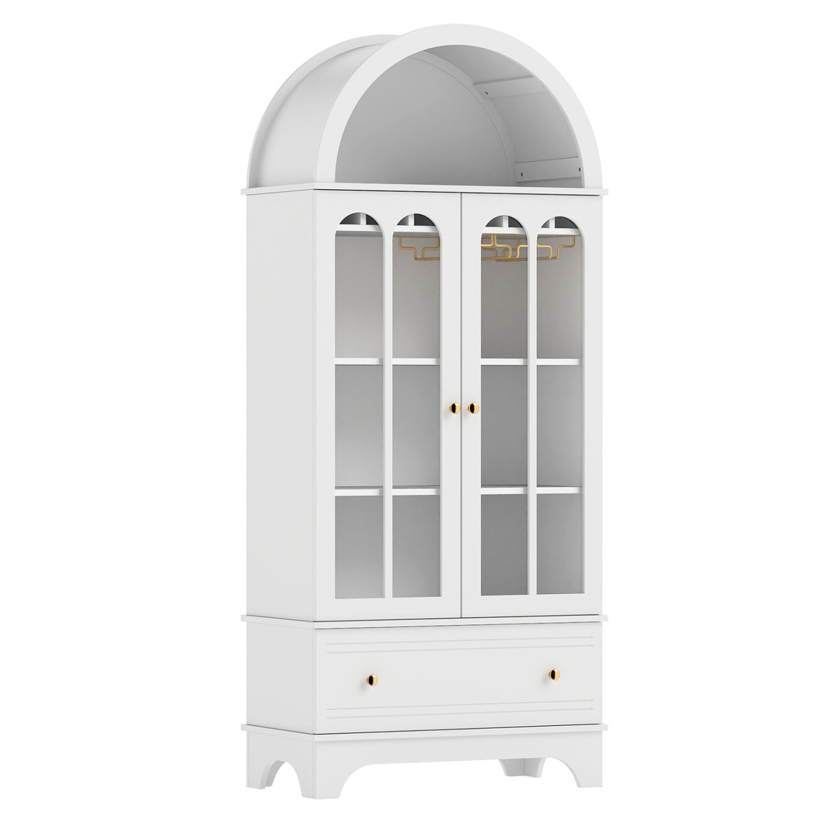 Black 71.5-inch arched wooden sideboard with 5-tier shelves, tempered glass doors, and wine rack for kitchen or dining room.