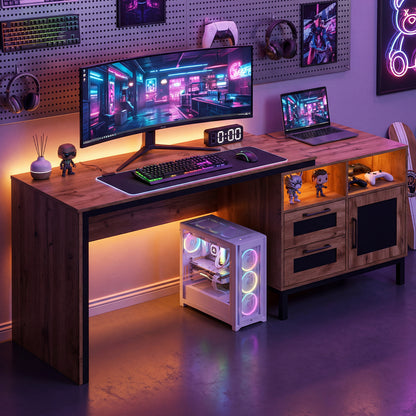 71-Inch Computer Table with Open Compartments and Drawers-Natural