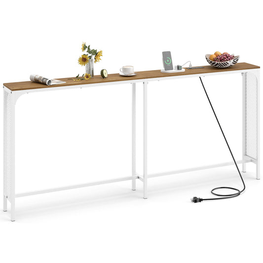 71 Inch Narrow Console Table with Power Outlet for Small Space-Natural