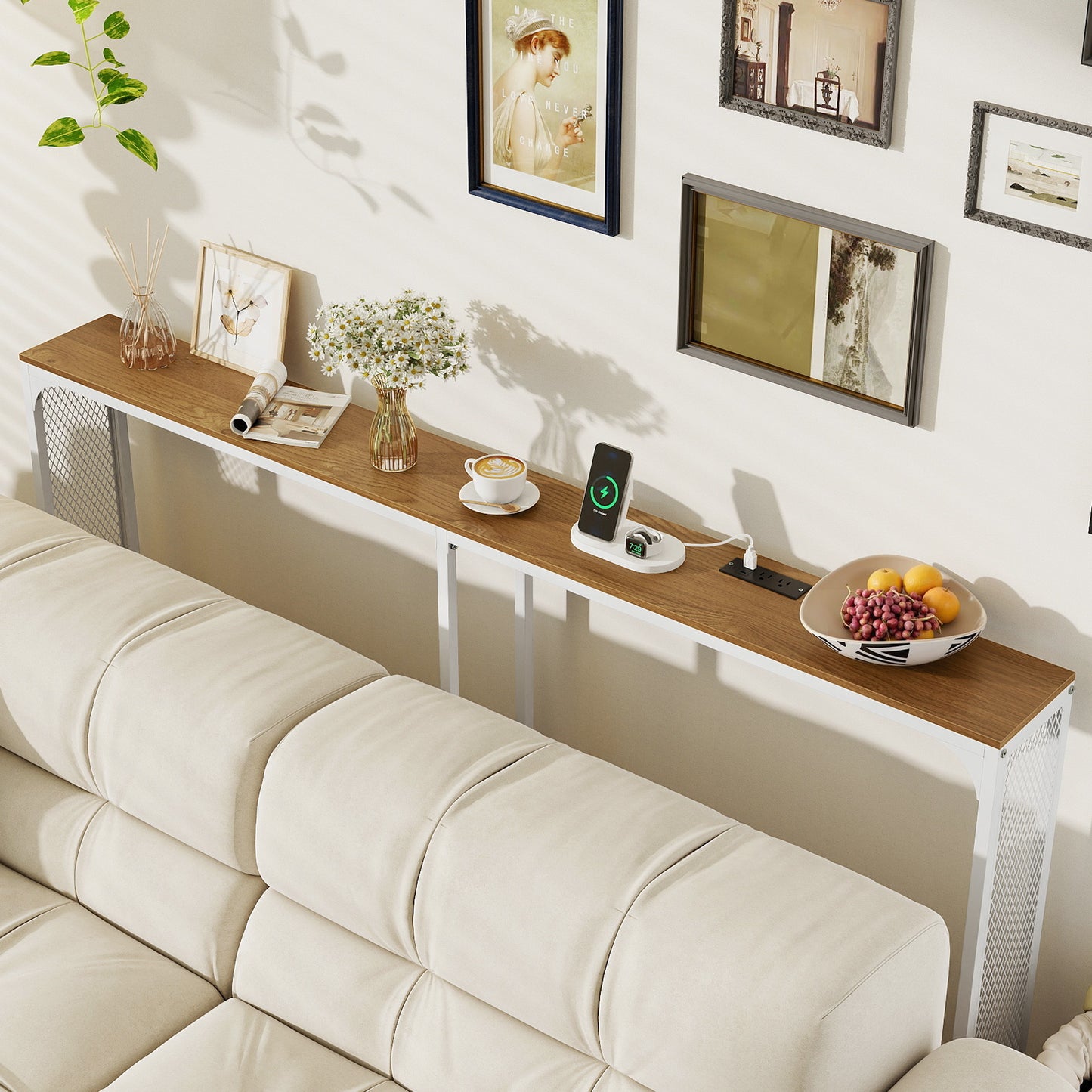 71 Inch Narrow Console Table with Power Outlet for Small Space-Natural