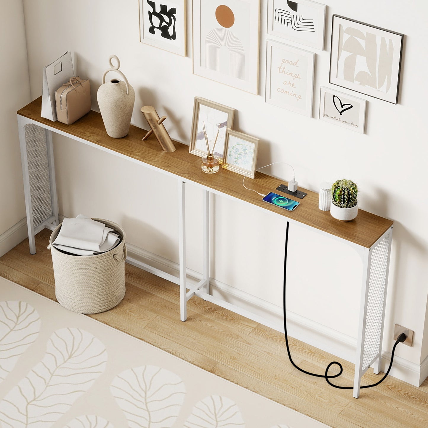 71 Inch Narrow Console Table with Power Outlet for Small Space-Natural