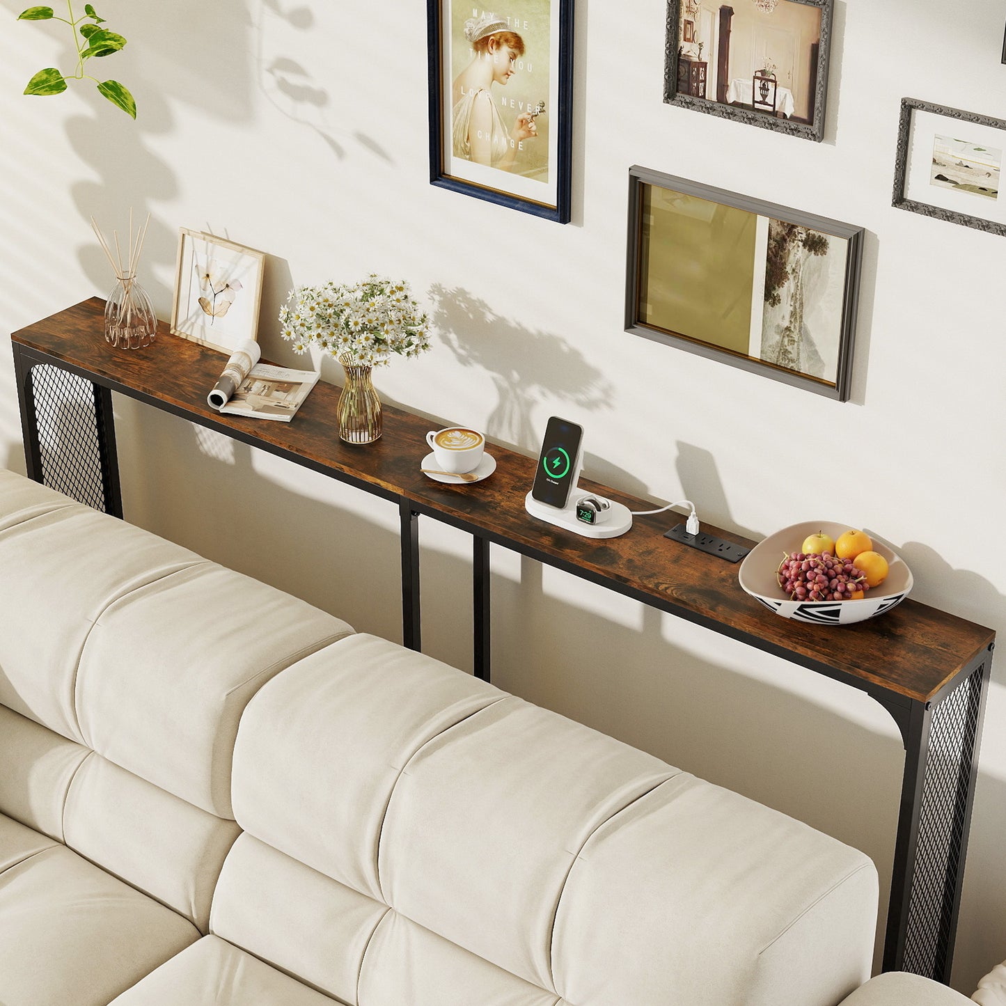 71 Inch Narrow Console Table with Power Outlet for Small Space-Natural