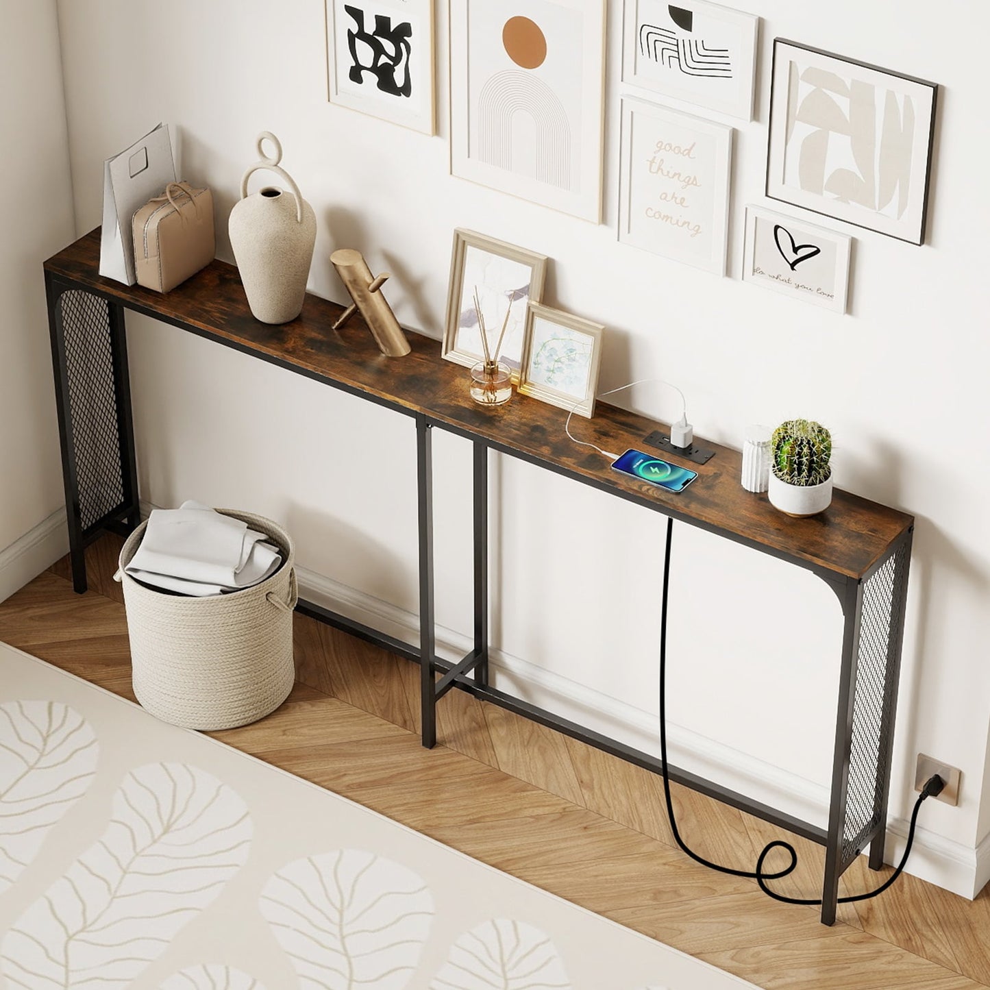 71 Inch Narrow Console Table with Power Outlet for Small Space-Natural