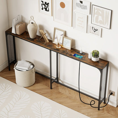 71 Inch Narrow Console Table with Power Outlet for Small Space-Natural