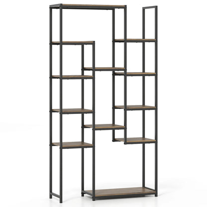 71 Inch Tall Vintage Geometric  Bookshelf 12 Open Shelves-Walnut