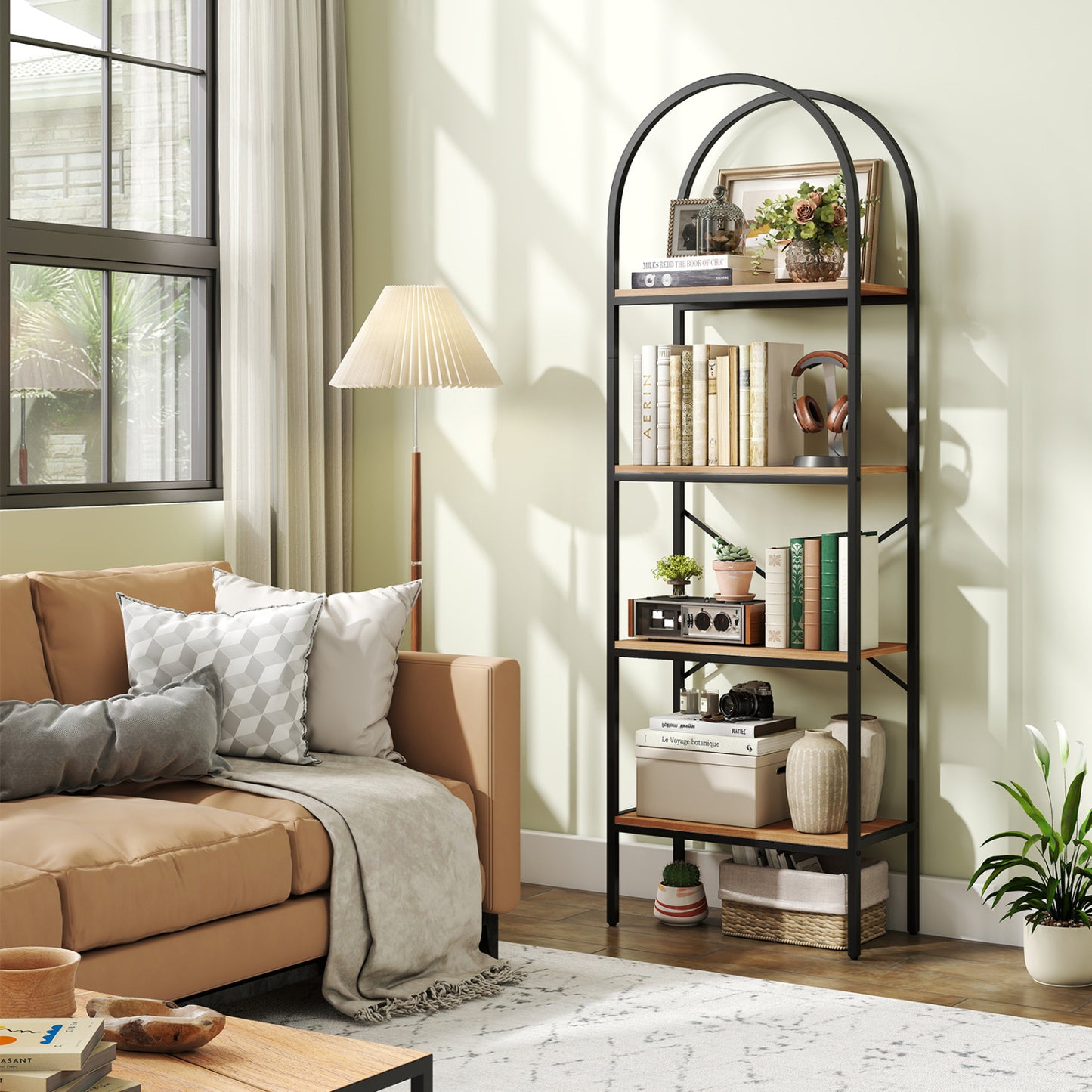 71" Tall Arched Bookcase 4-Tier with Storage Shelves & Metal Frame for Home Office-Brown & Black
