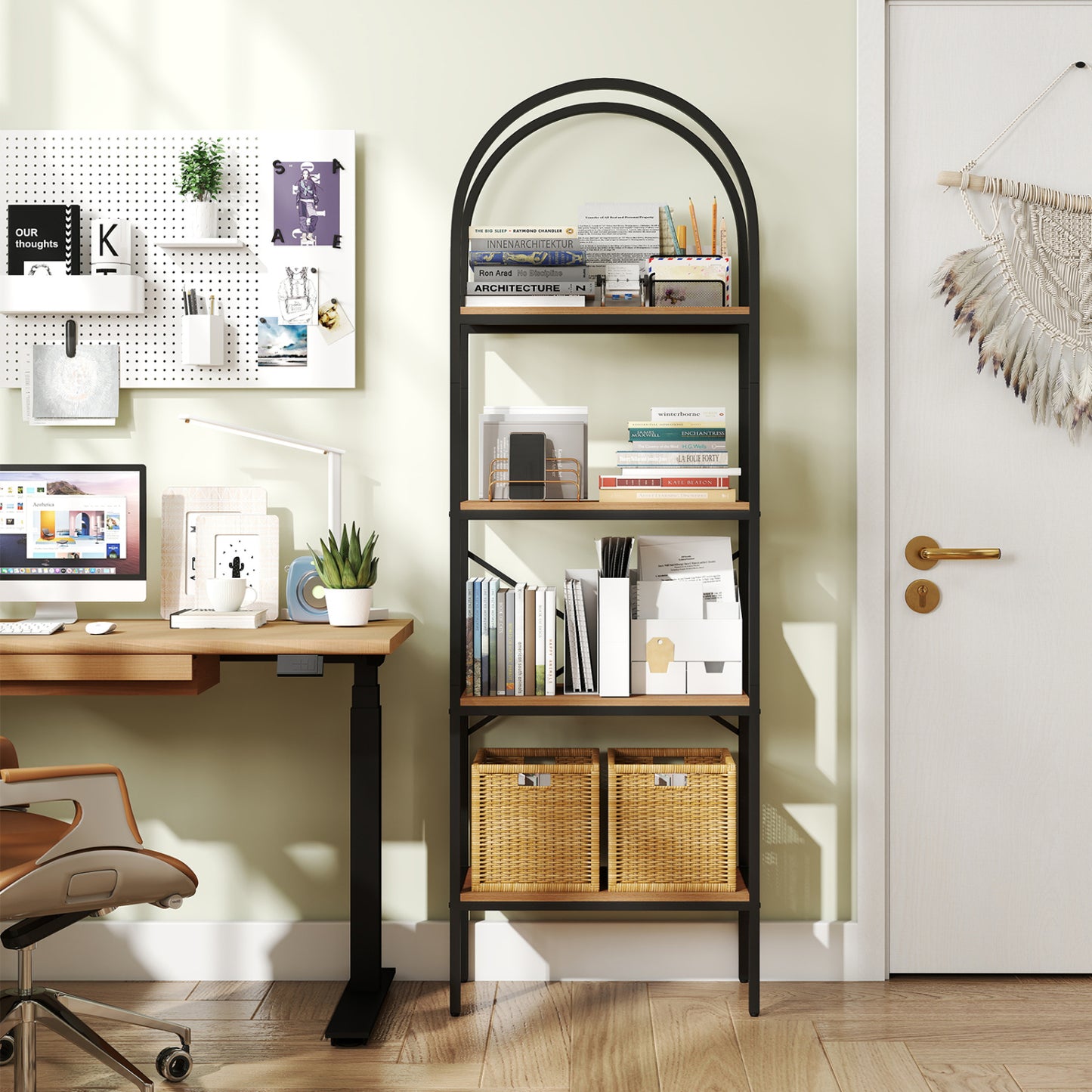 71" Tall Arched Bookcase 4-Tier with Storage Shelves & Metal Frame for Home Office-Brown & Black