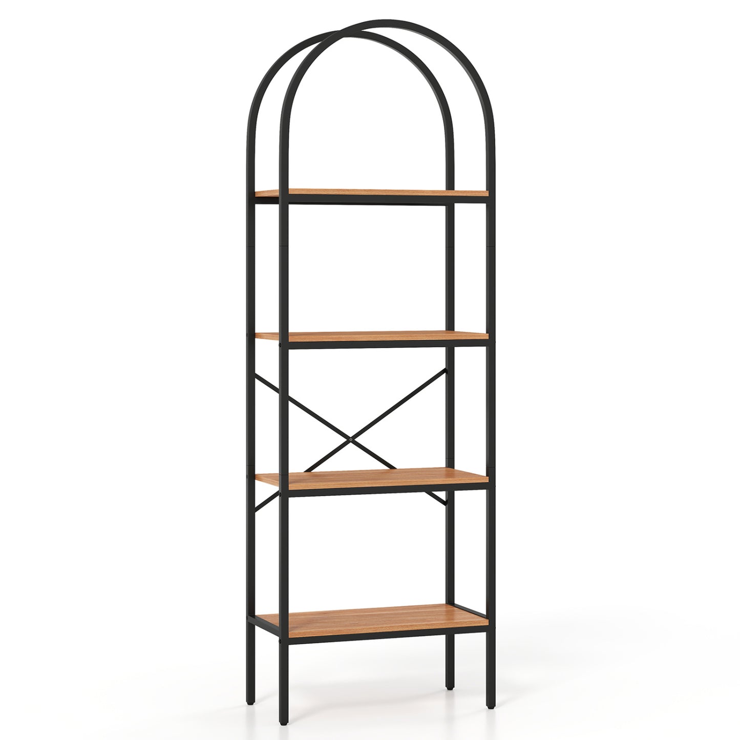 71" Tall Arched Bookcase 4-Tier with Storage Shelves & Metal Frame for Home Office-Brown & Black