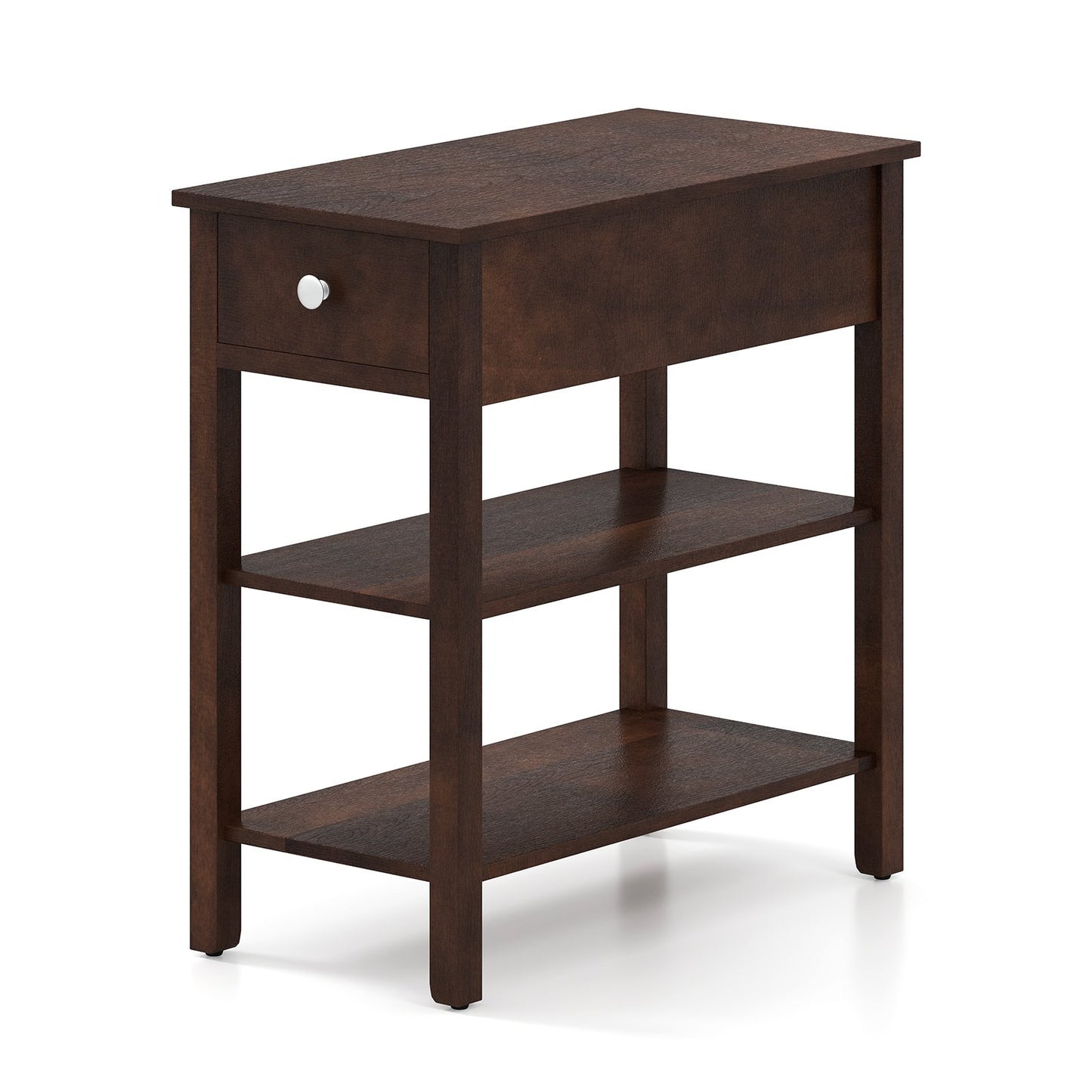 3-Tier Narrow End Table with Drawer and Storage Shelves-Brown