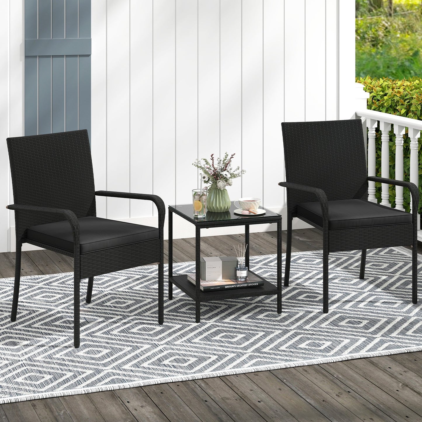 3 Piece Patio Furniture Set with Seat Cushions and Tempered Glass Tabletop-Beige