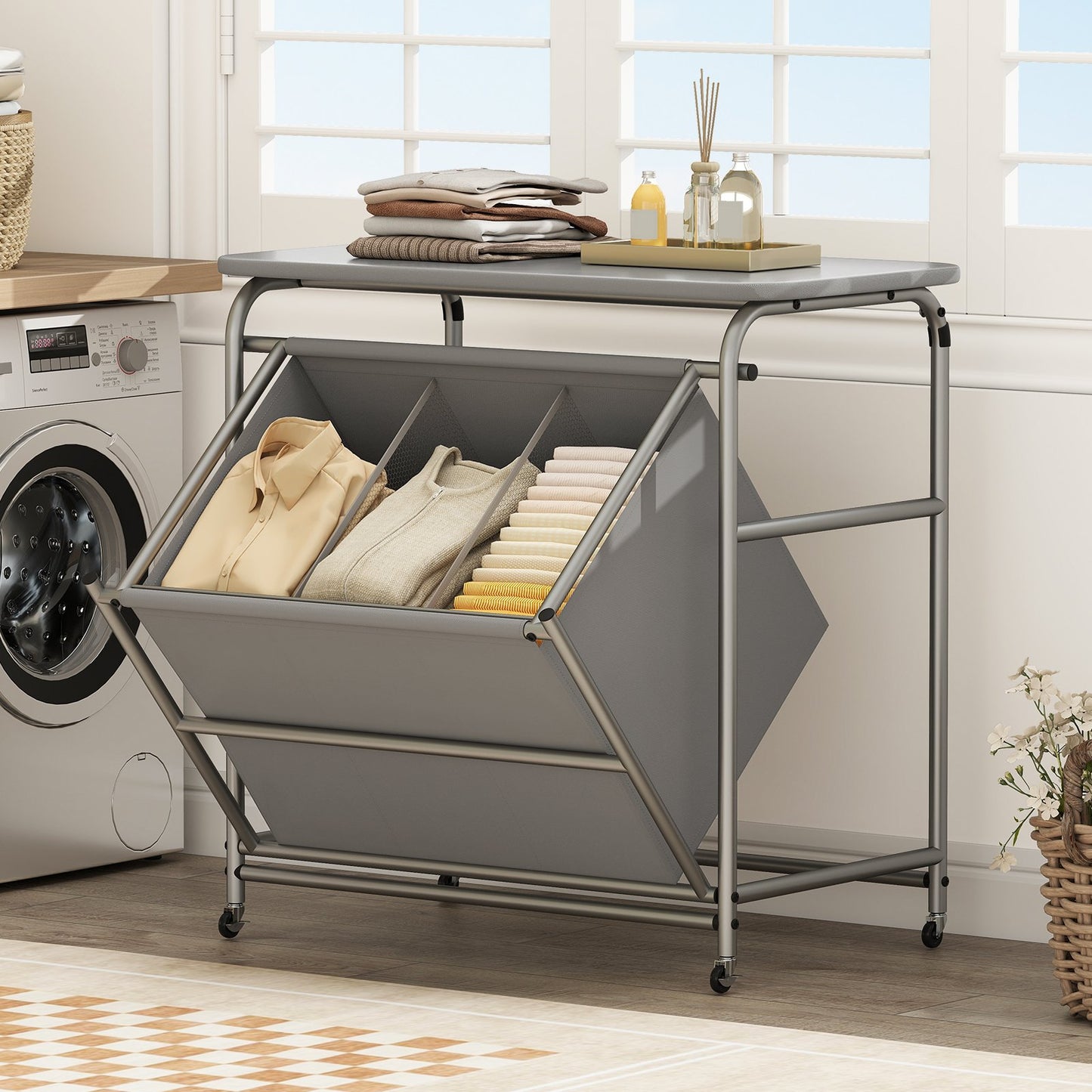 3-Section Laundry Sorter with Foldable Ironing Board and Lockable Wheels-Gray